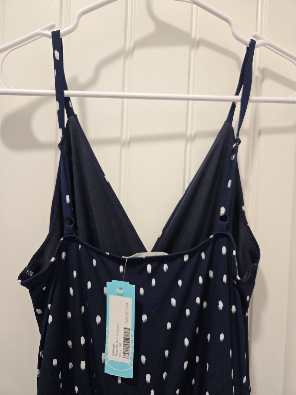 Kaileigh Navy and White Polka-Dot Wrap Jumpsuit with Tie Waist - Picture 7 of 9